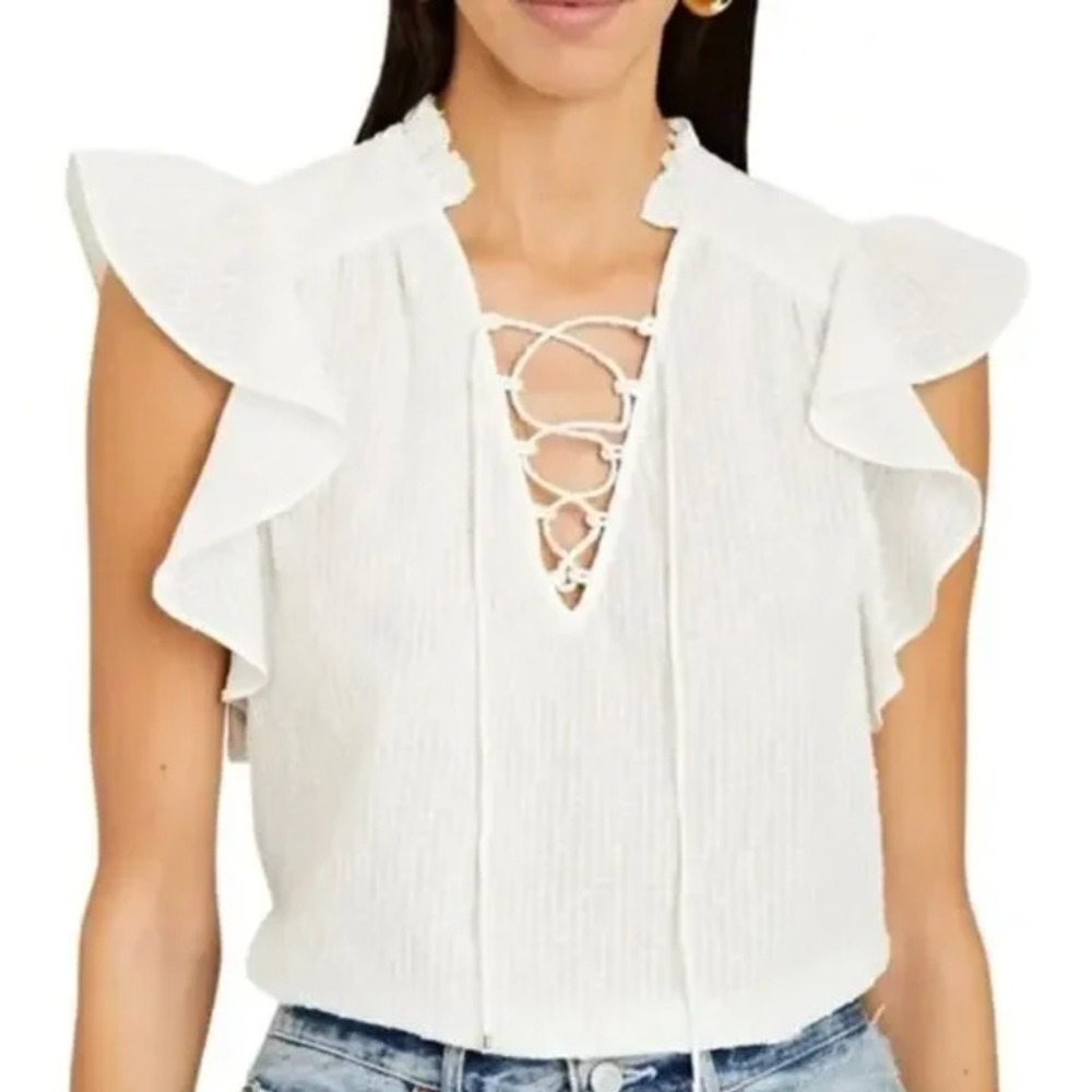 Intermix White Cotton Swiss Dot Ruffle Lace Up‎ Blouse Top Small RN125840